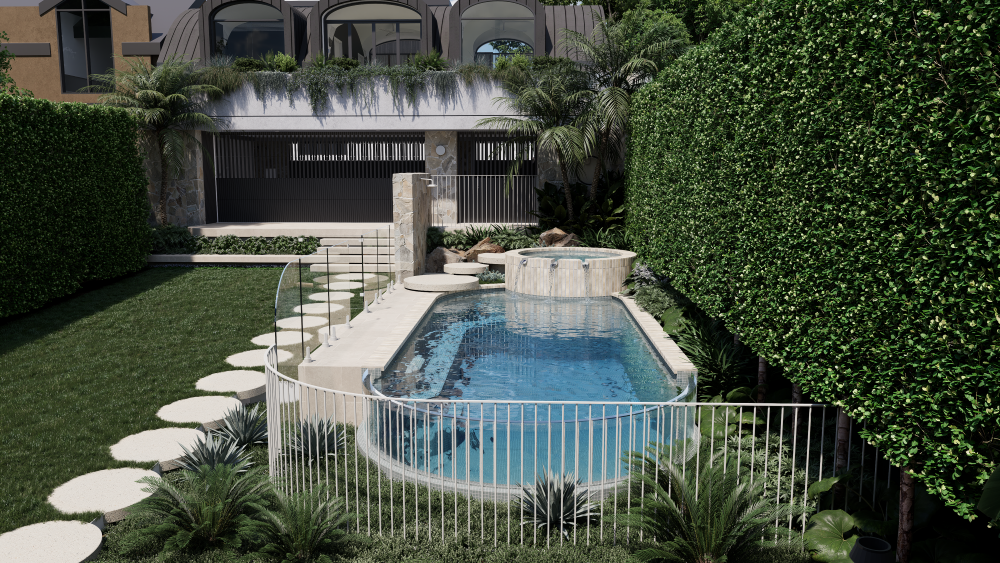 Curved swimming pool with raised round spa with circular steppers