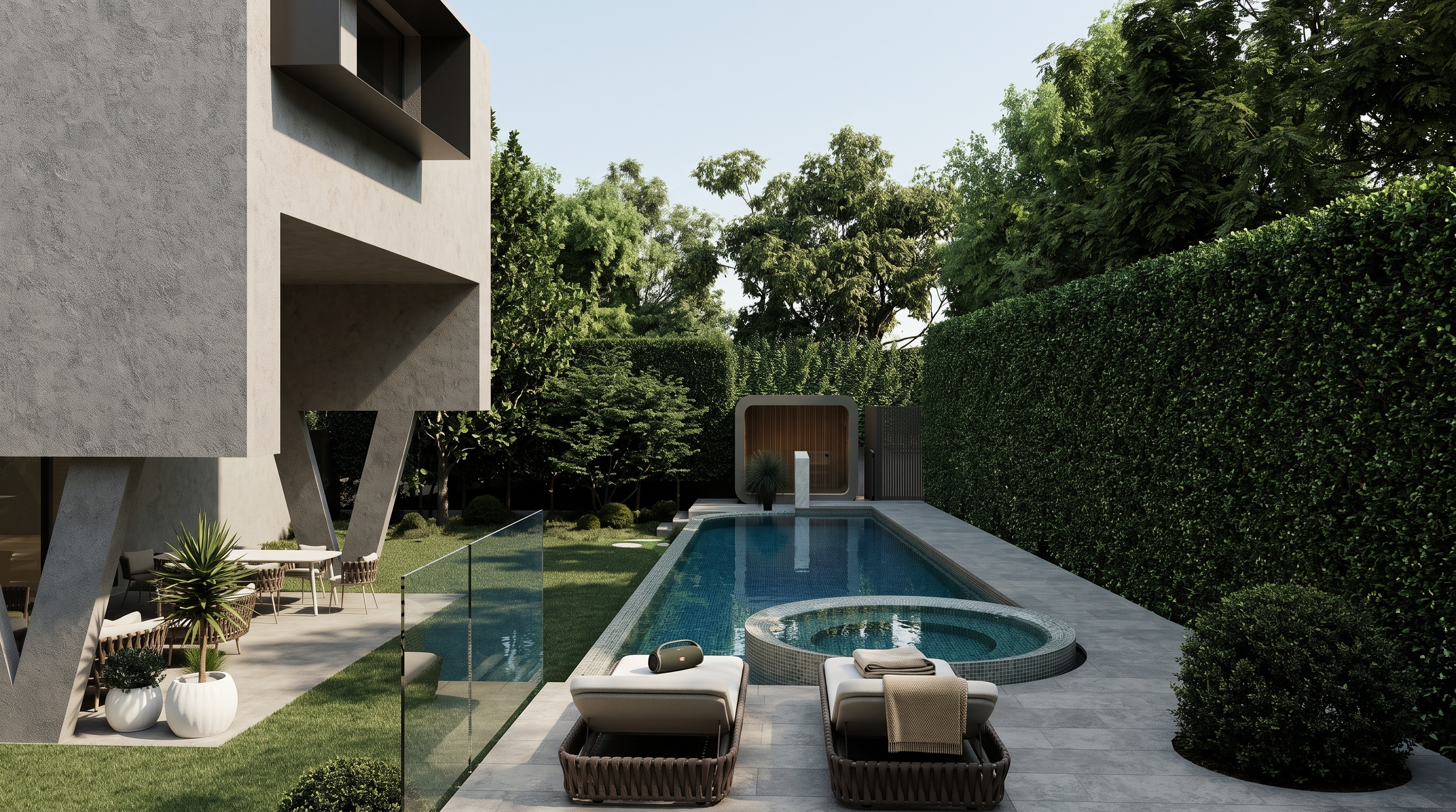 Modern landscape design with pool and round raised spa