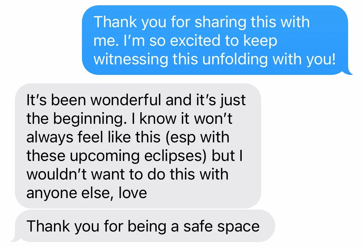 A text message conversation with blue and gray speech bubbles, expressing excitement and gratitude about sharing a meaningful experience involving an upcoming eclipse.