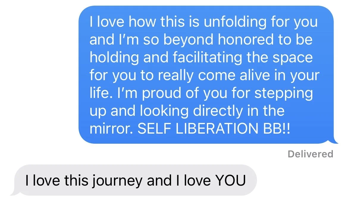 A digital conversation on a messaging app showing an inspiring message about self-liberation and love, followed by a reply expressing love and appreciation.