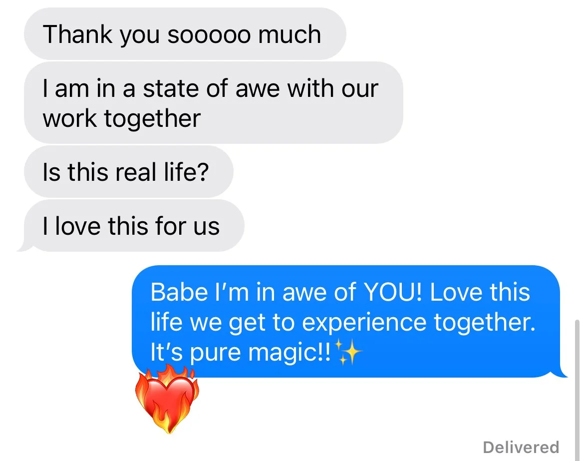 Screenshot of a romantic text conversation between two people, one person expressing awe and love, the other replying passionately with a heart emoji.