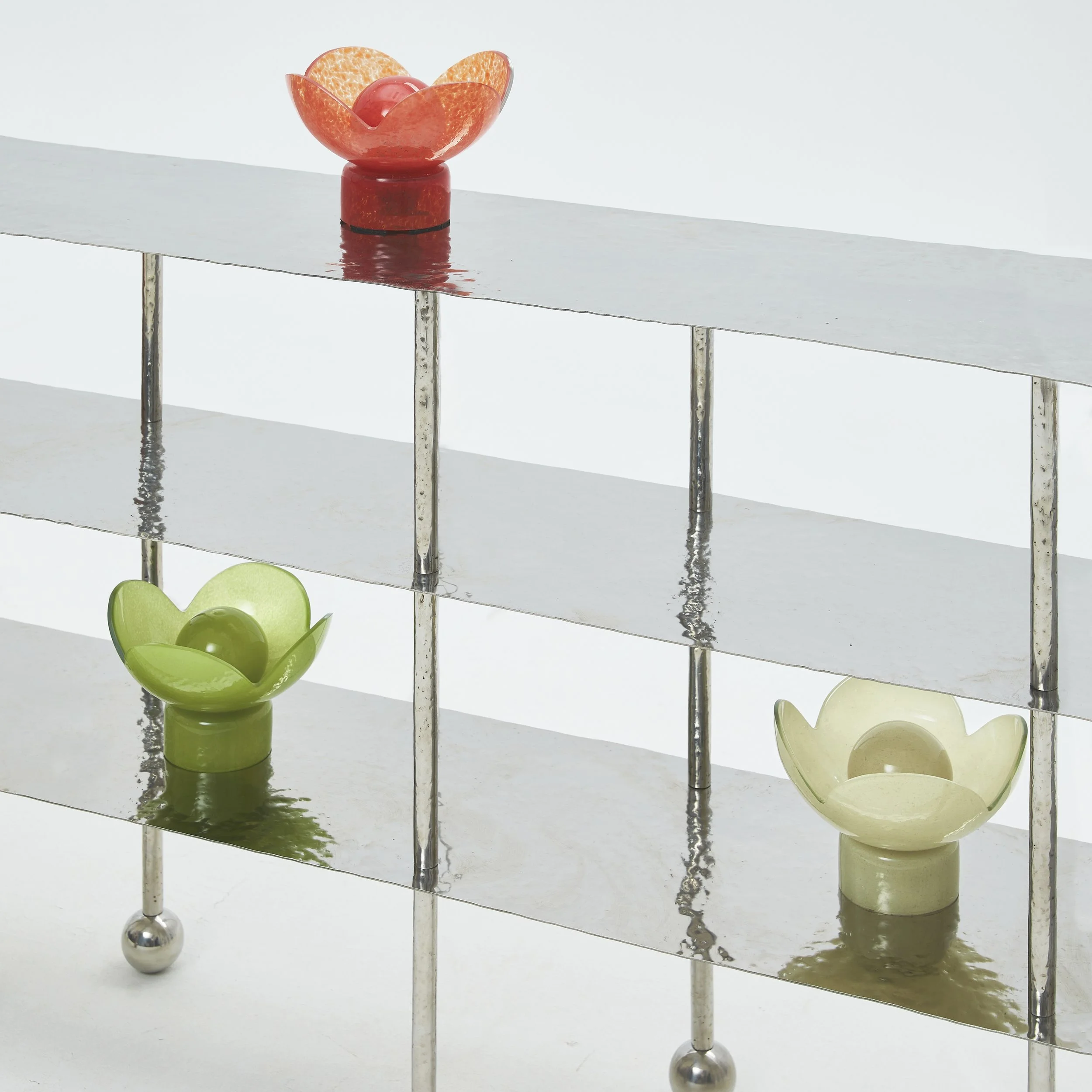 Hand-hammered Liquid Rack in textured stainless steel and Lucky Akebia lamps - collectible furniture by Furn Object