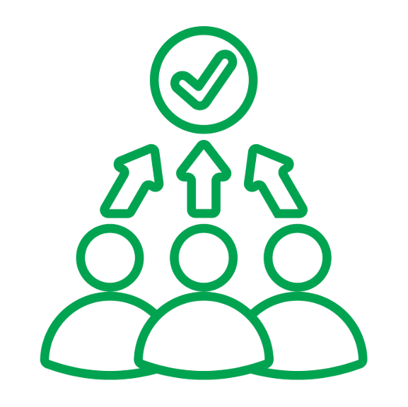 Line diagram of three people with arrows pointing upward towards a checkmark symbol, indicating success or achievement.