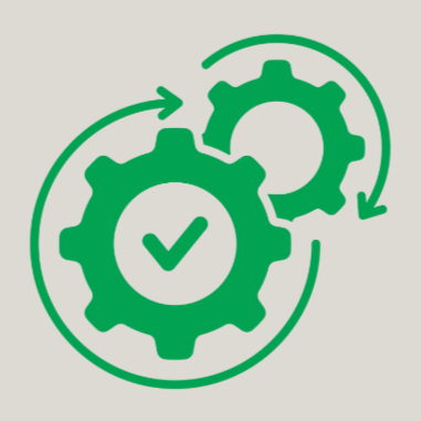 Two green gears, one with a checkmark, interconnected with arrows indicating process or workflow.