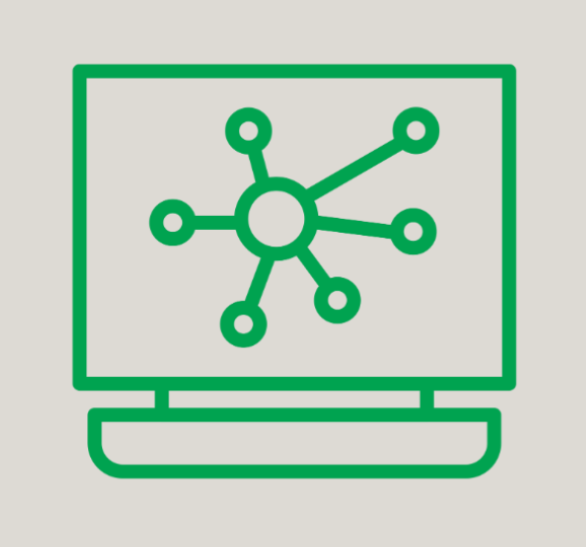 Line drawing of a computer monitor displaying a network diagram with interconnected nodes.