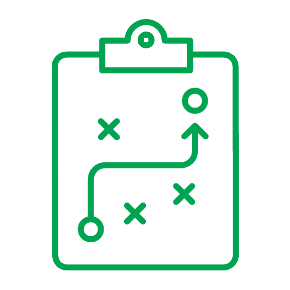 Green outline of a clipboard with a sports strategy diagram, including circles and Xs connected by lines and arrows.