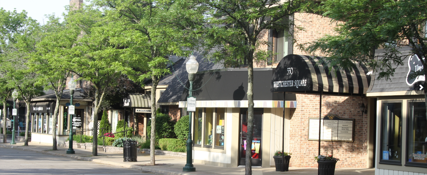 Street view of storefronts and shops on Westchester Square in New York, with trees lining the sidewalk, a striped black and white awning, and benches along the sidewalk.