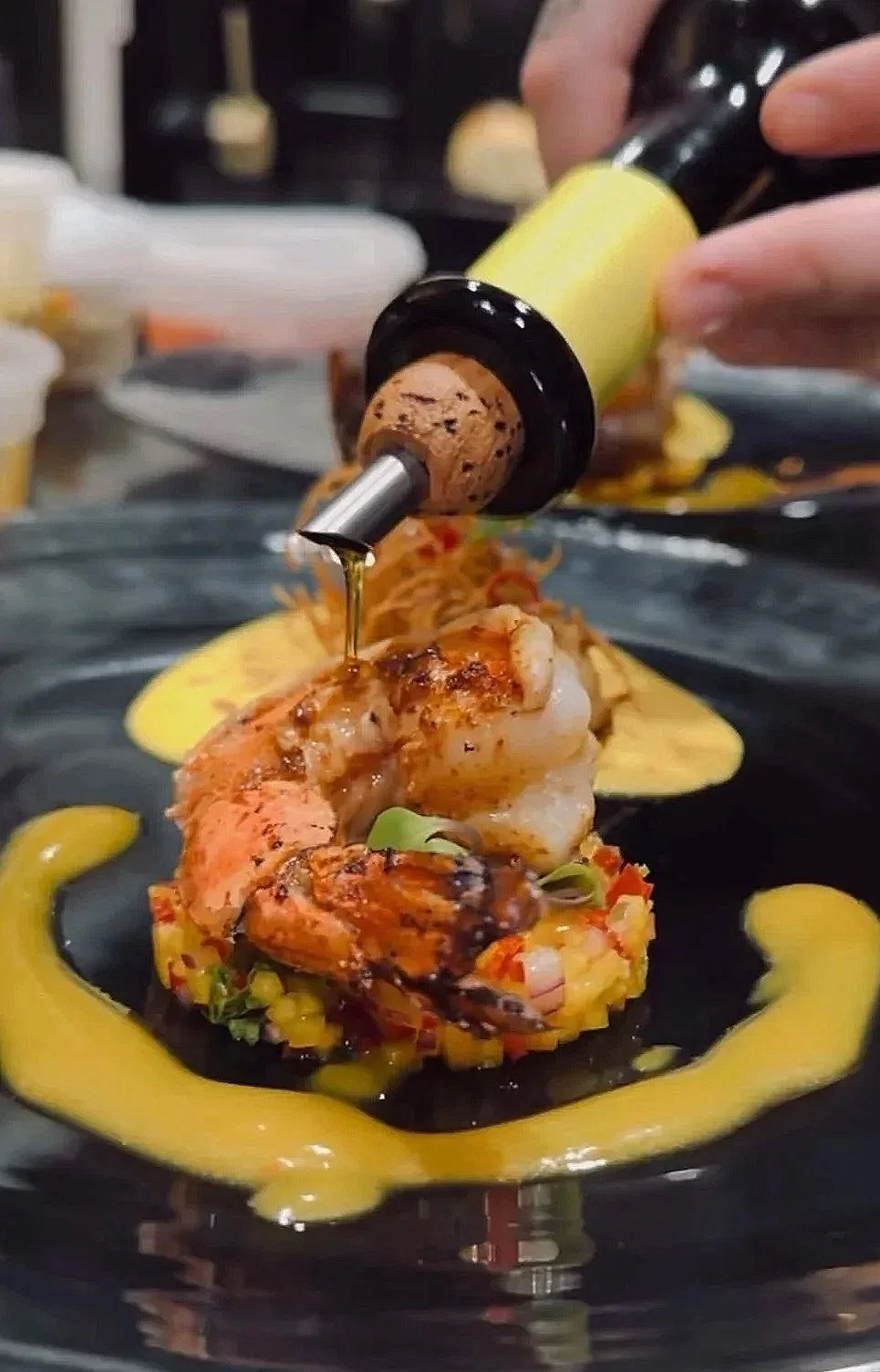 Prawns two ways, mango salsa and kataifi fried with saffron aoli