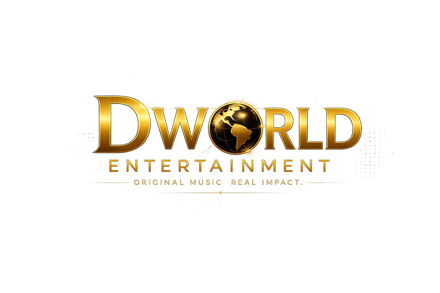 Gold-colored logo for Dwayne Johnson's 'D.WORLD Entertainment' featuring a globe in place of the letter 'O,' with tagline 'Original Music | Real Impact'.