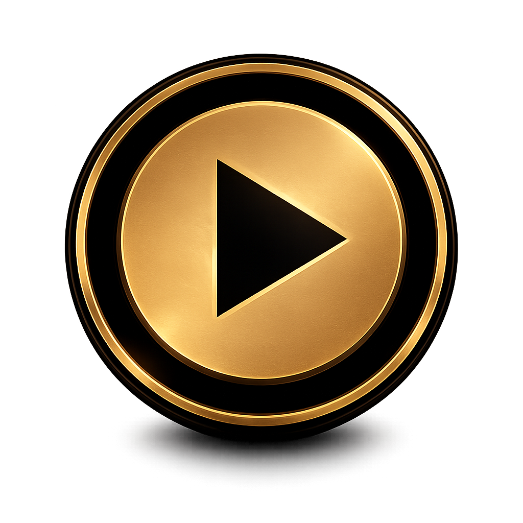 A large gold and black circular play button with a black triangle pointing right in the center.