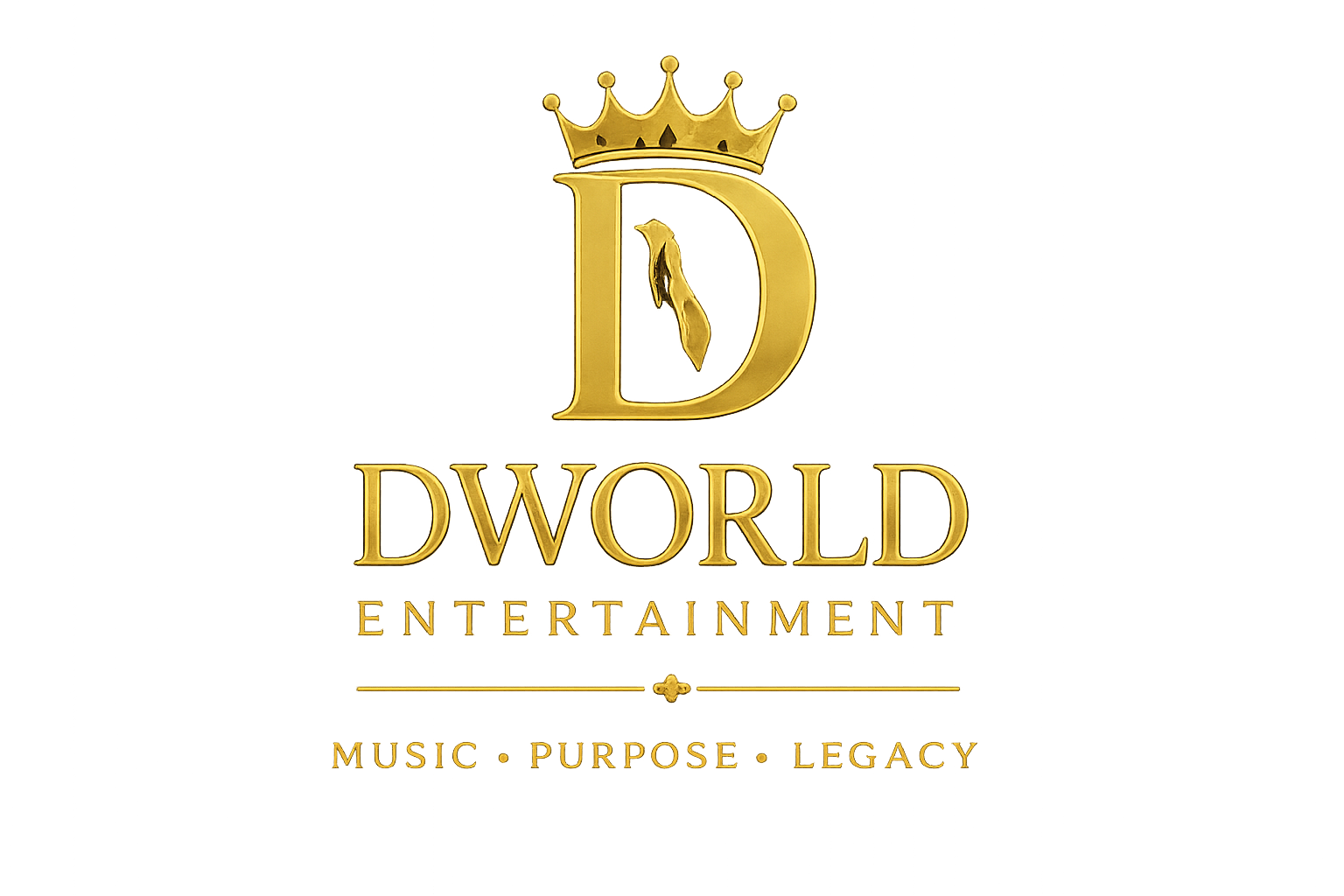 Gold logo of D World Entertainment with a crown, a letter D with a horse inside, and the words Music, Purpose, Legacy.