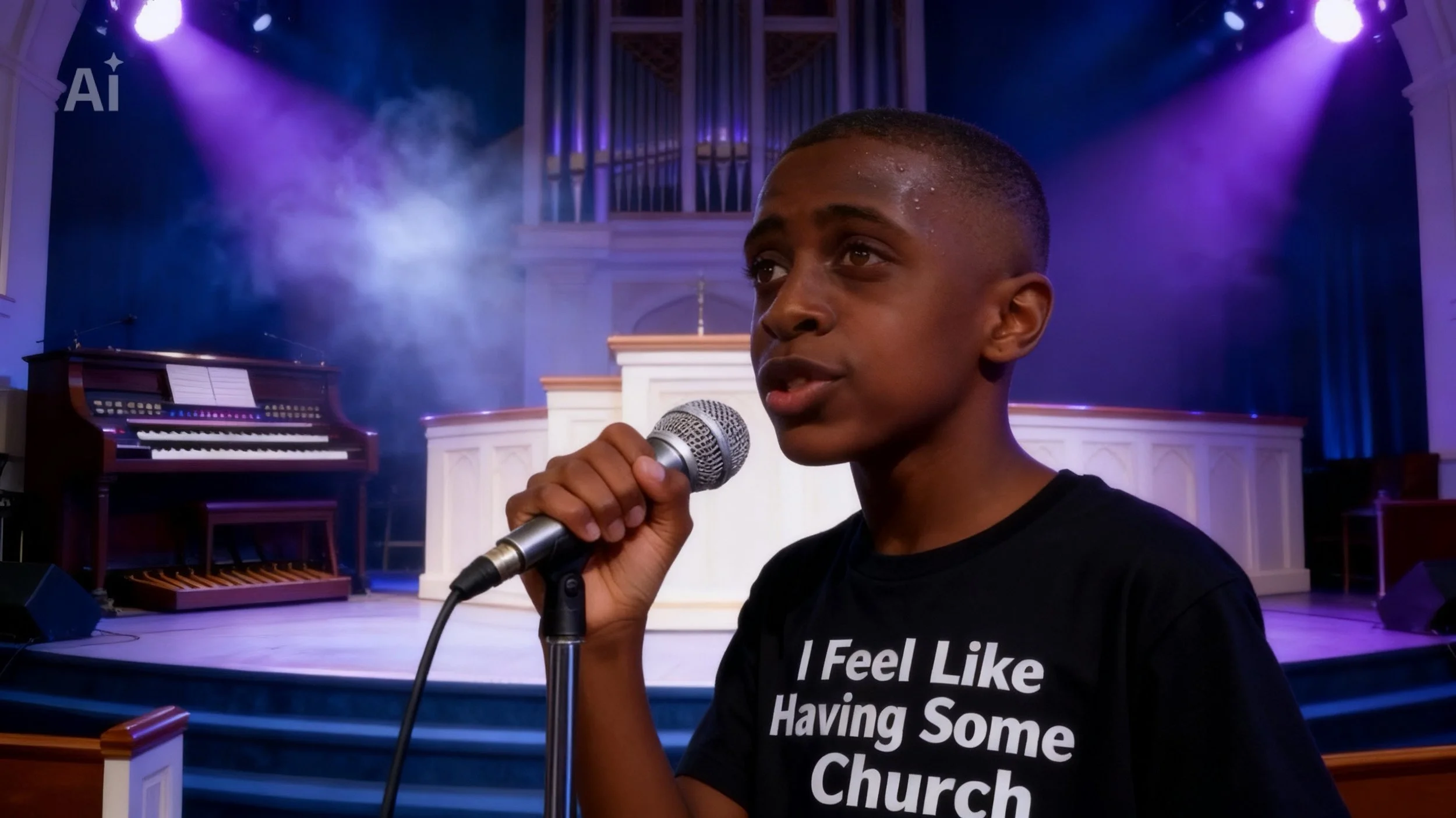 A young man holding a microphone in a church with purple and blue lighting, a church organ in the background, and a white pulpit behind him.