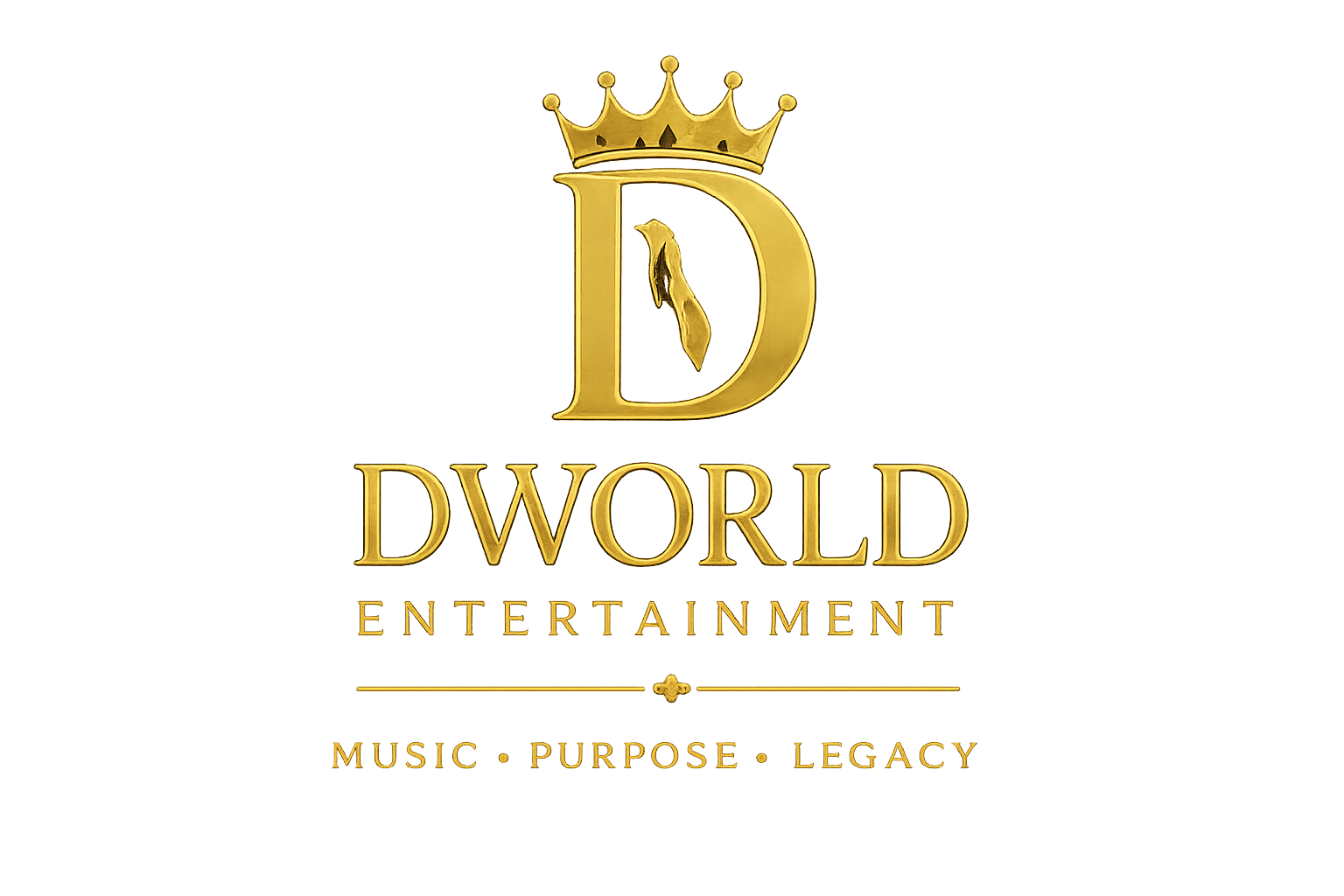 Golden logo of D World Entertainment with a crown, a big letter D, and a horse in the center, with the words 'Music', 'Purpose', and 'Legacy' underneath.
