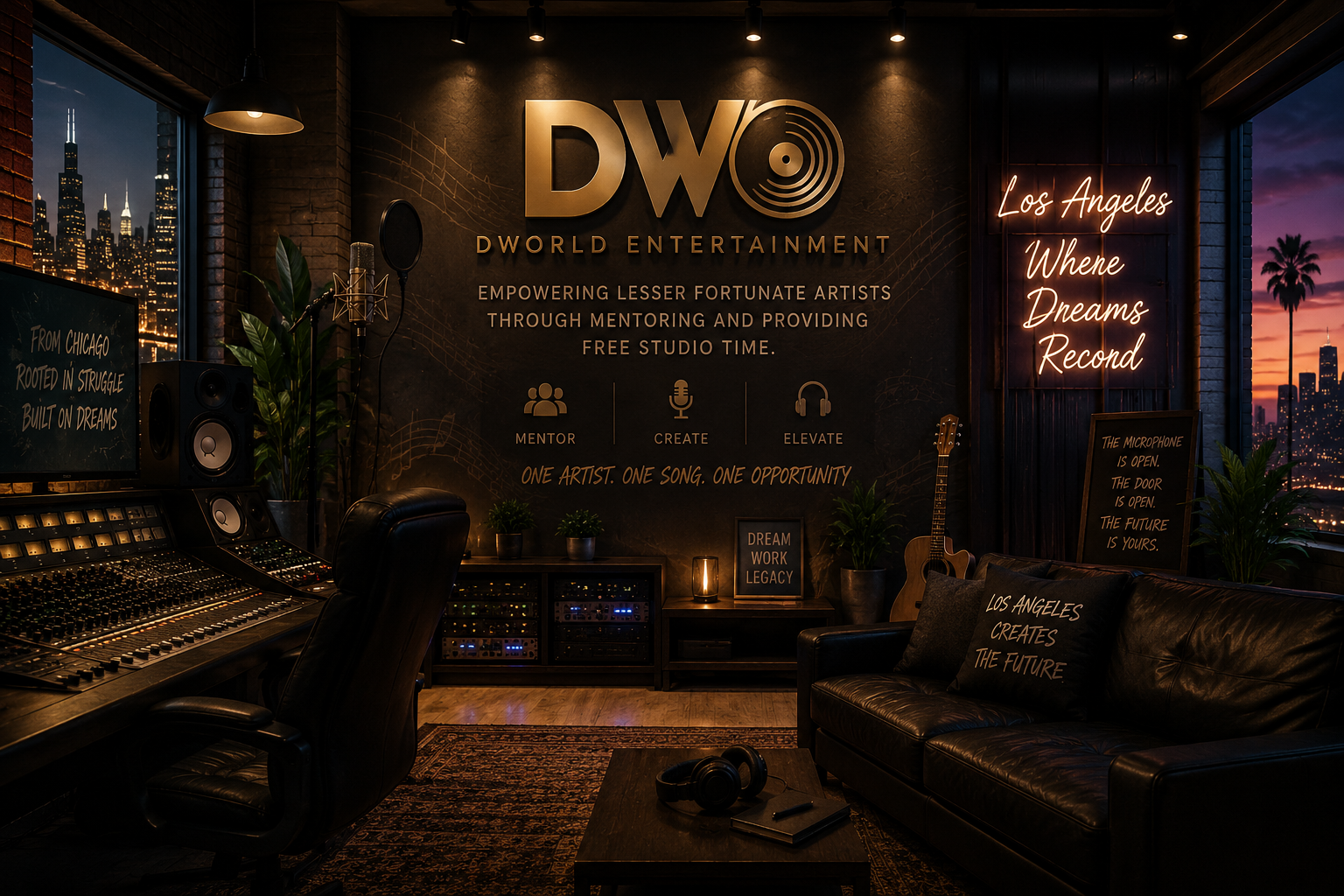Recording studio with city skyline view, featuring a sign for DWorld Entertainment, musical equipment, plants, motivational posters, and ambient lighting.