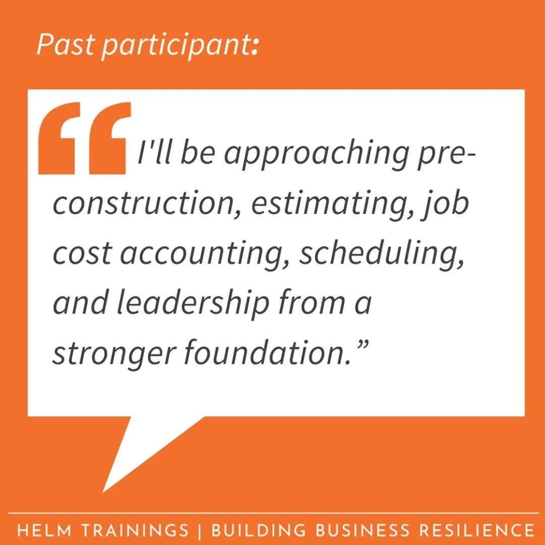 Beginning October 28, HELM is offering a 4-week online Pre-Construction course (Tuesdays, 3:00–4:30 pm EST) designed to transform how you estimate, schedule, and contract, so your projects run smoother, clients feel more confident, and surprise