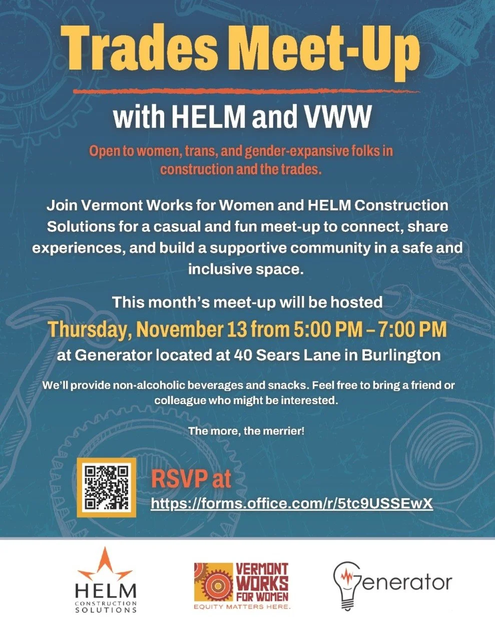 Join @vtworks4women and HELM Construction Solutions for a casual and fun trades meet-up to connect, share experiences, and build a supportive community in a safe and inclusive space. Open to women, trans, and gender-expansive folks in construction an