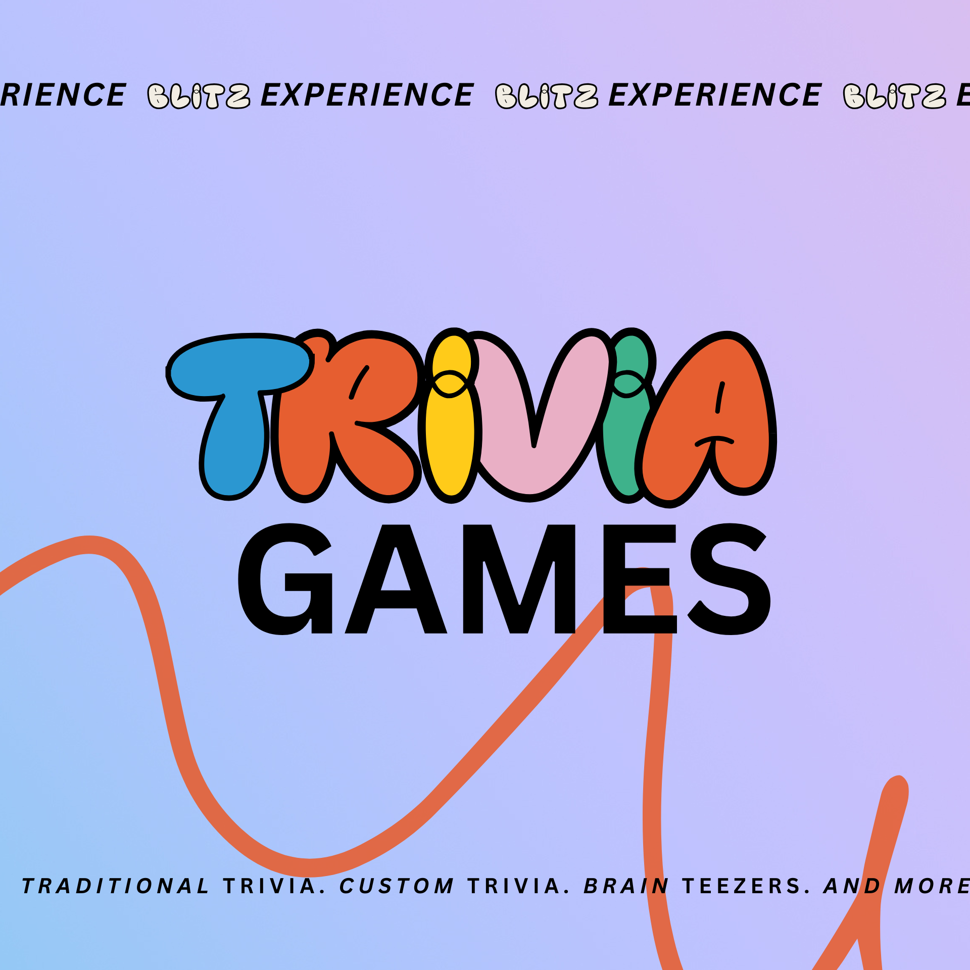 Colorful logo for Trivia Games with a pastel gradient background and wavy orange line.