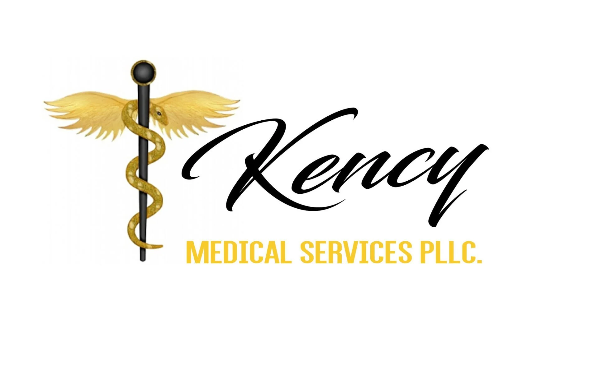 Logo of Kency Medical Services PLLC with a caduceus symbol featuring a golden staff, snake, and wings.