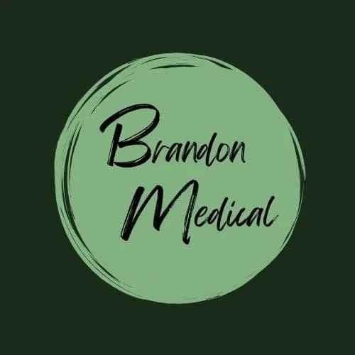 Green circle with text "Brandon Medical" in black script font on a dark background.
