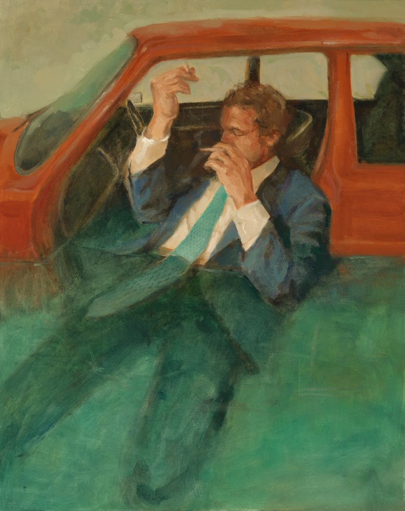 oil painting, business man smoking in car