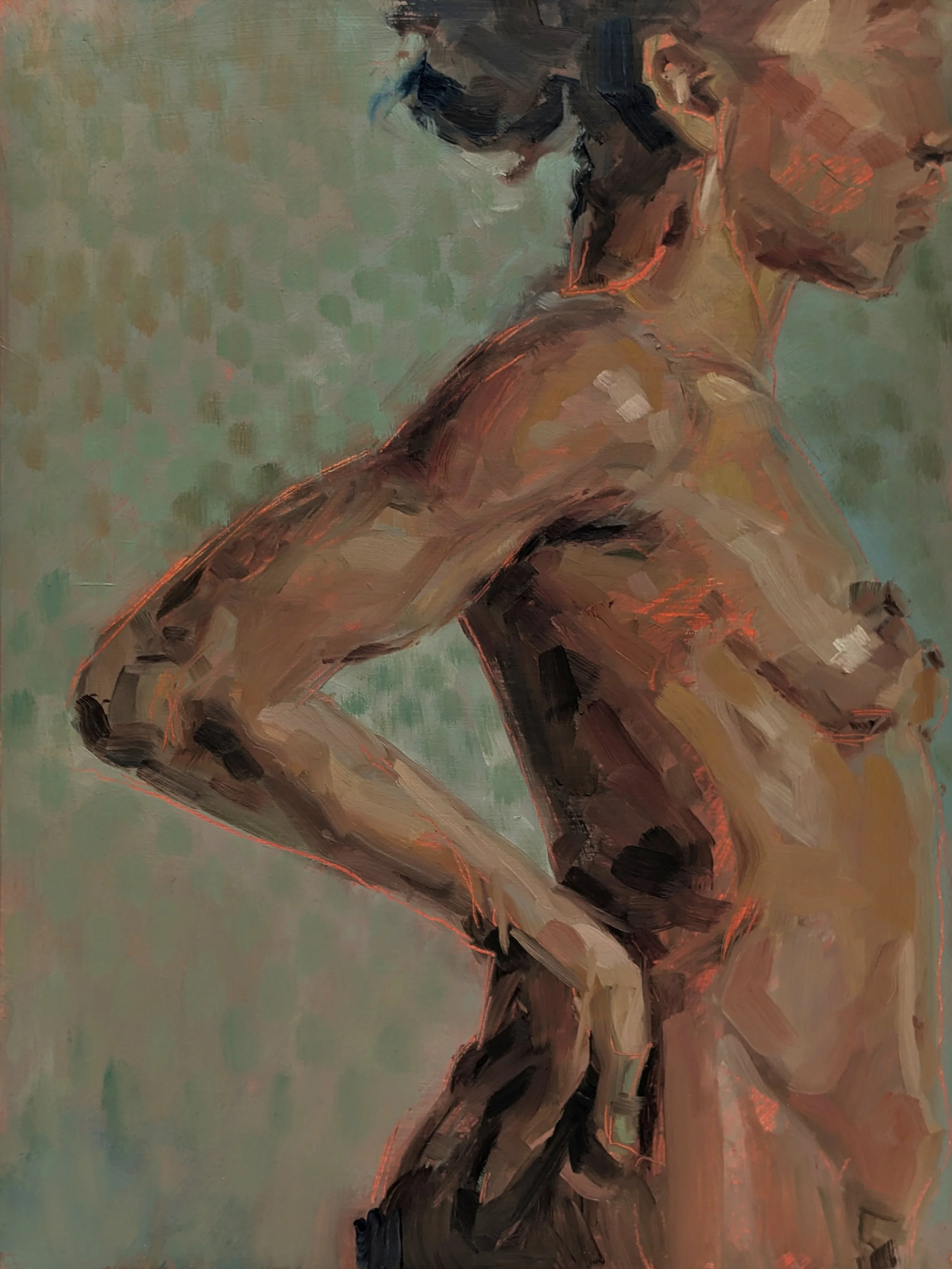 A striking female silhouette oil painting on wood. A sharp, vibrant red line traces the curve of the back and neck against a stippled moss-green and warm brown background.