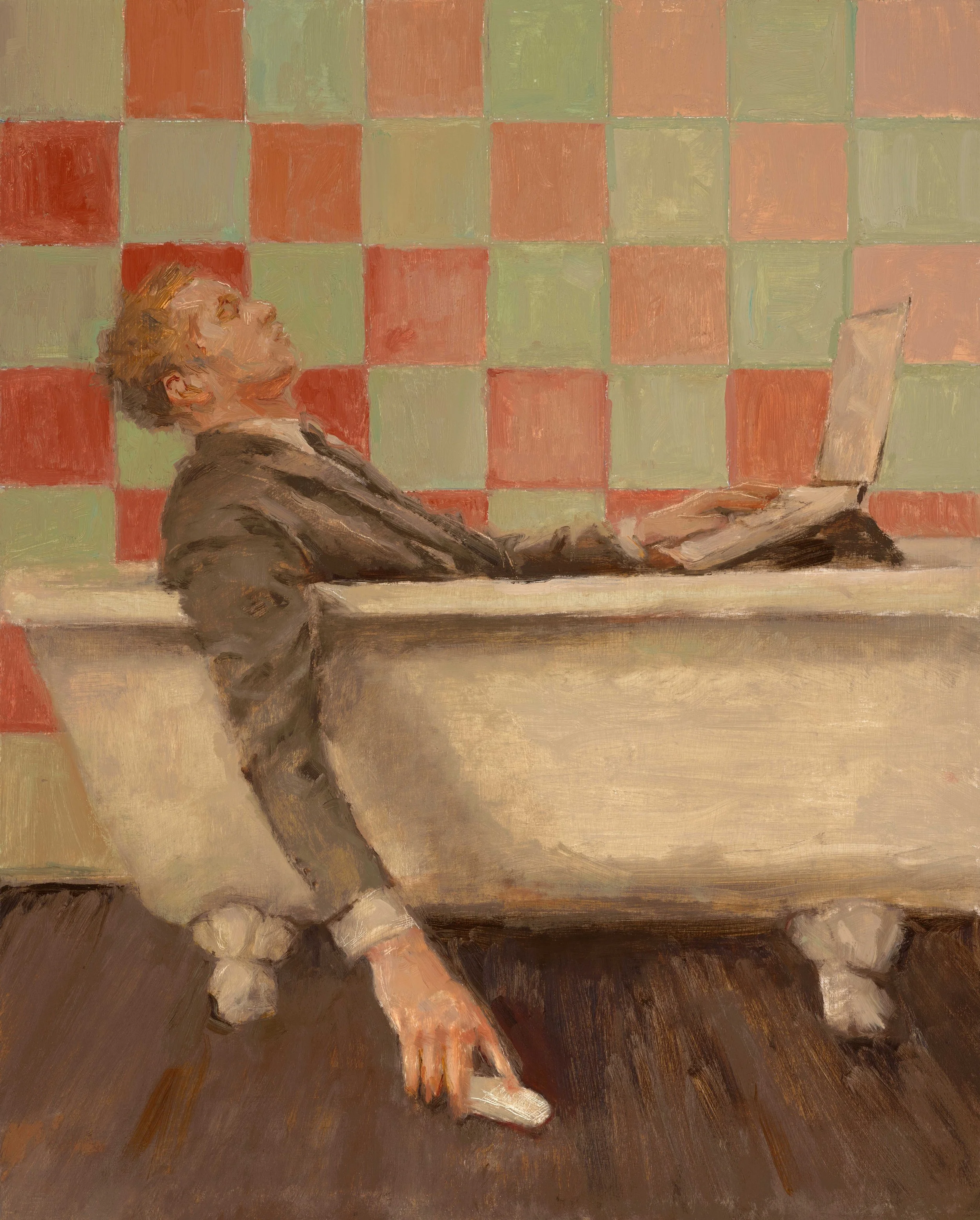 Surreal oil painting of a man in a dark suit lying in a white bathtub with a laptop and reaching for a computer mouse on the floor. Working From Home WFH