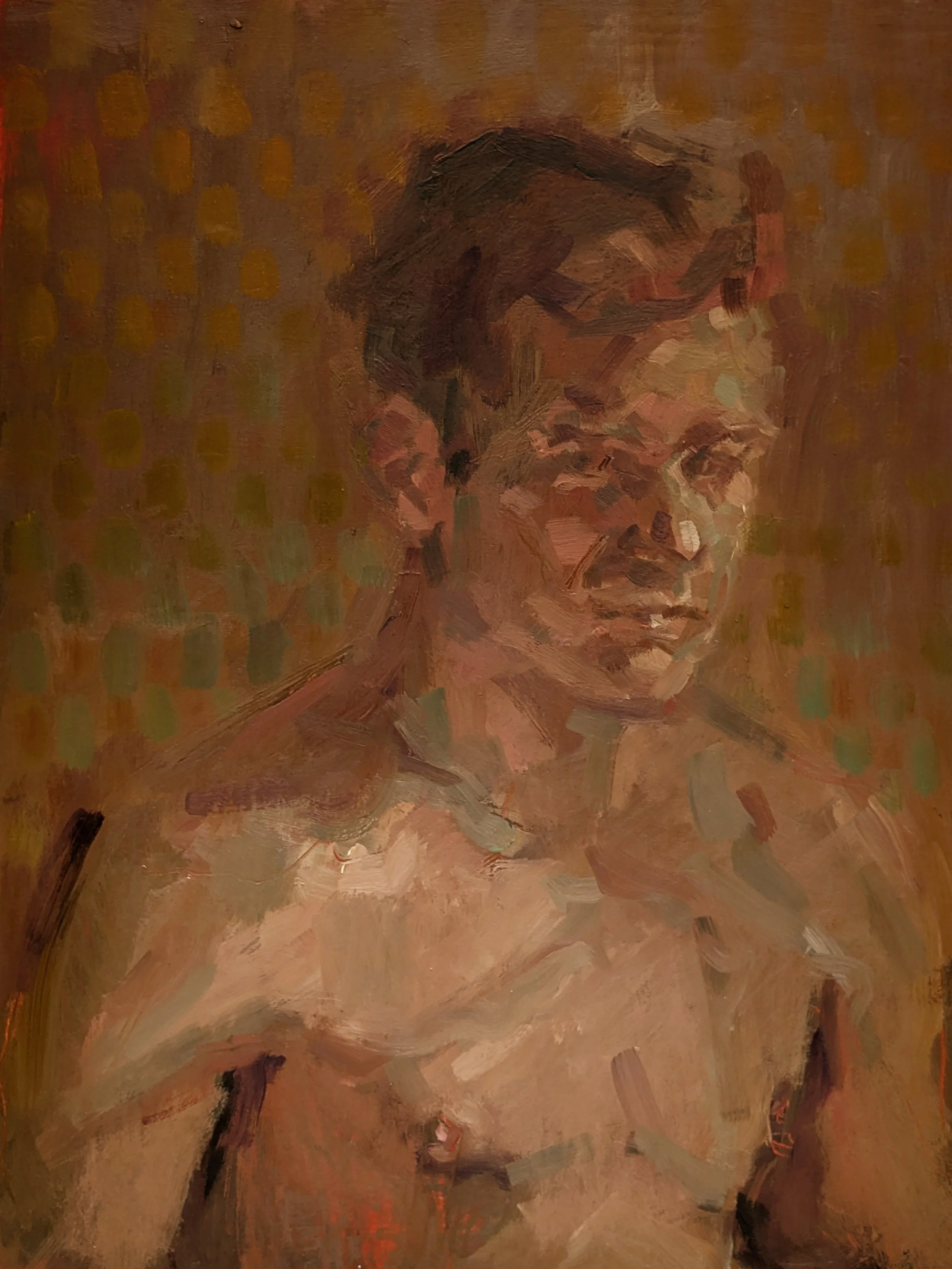 Contemporary figurative art showing an anonymous male body dissolving into a patterned background of ochre and green dots. The oil paint is applied to a 20mm deep wooden board.