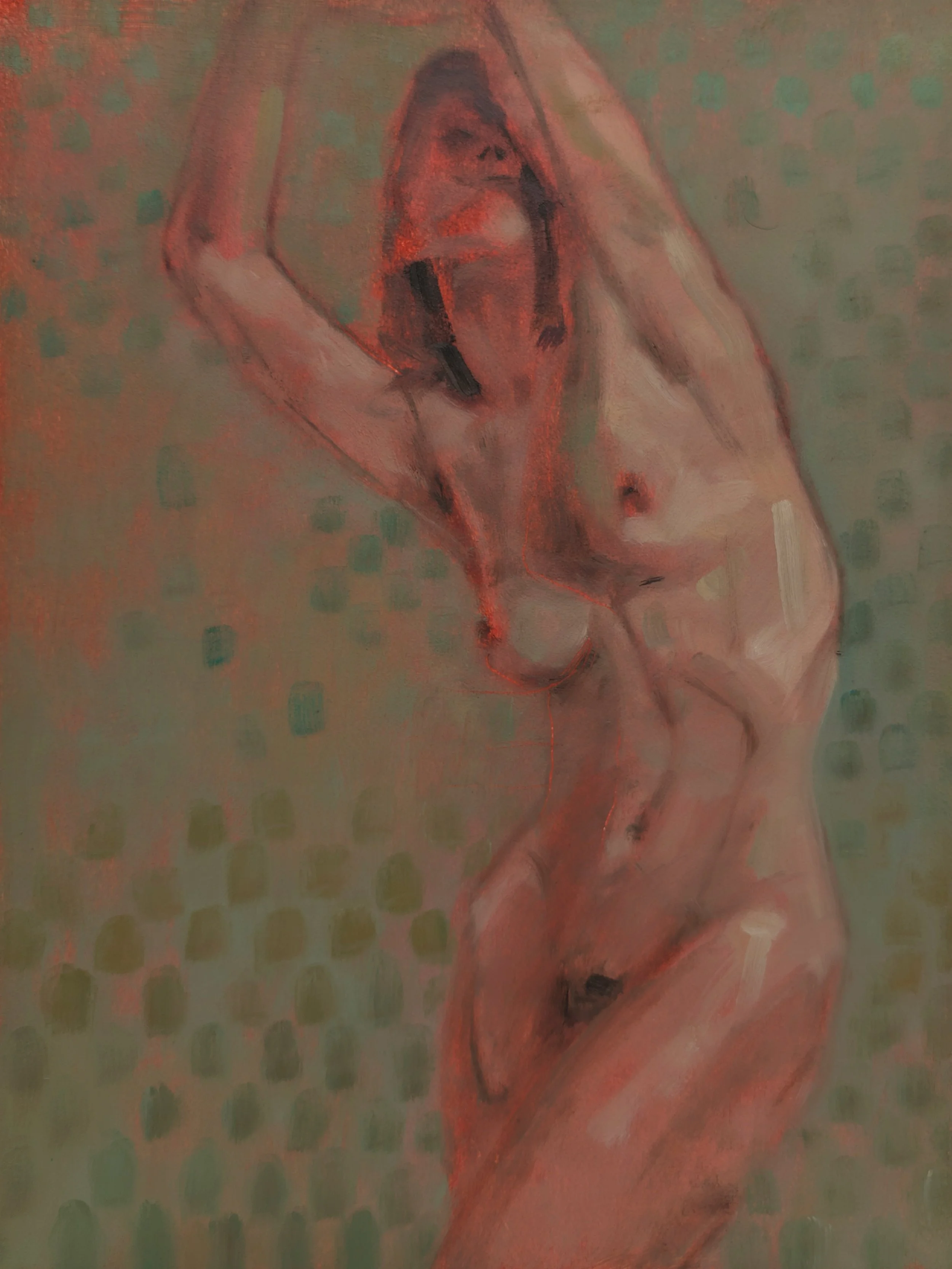 Expressive oil painting of an arched female silhouette against a backdrop of muted green dots. Vibrant red highlights trace the torso and arms, creating a pulse of energy on the wooden surface.
