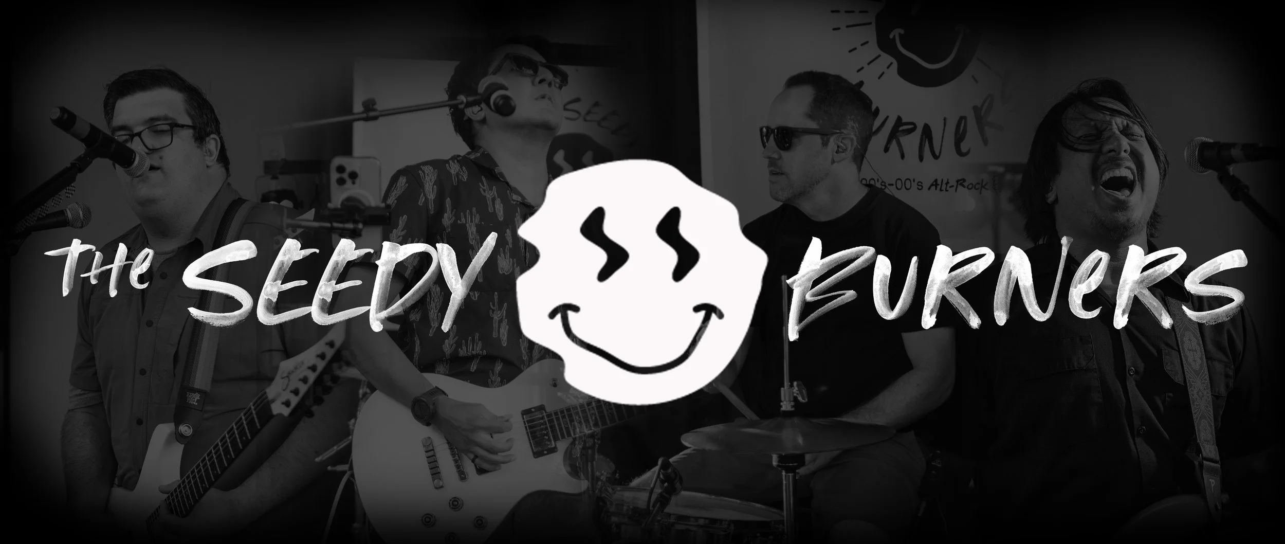 Black and white photo of four musicians performing with the text "The Seedy Burners" and a smiling face logo in the center.