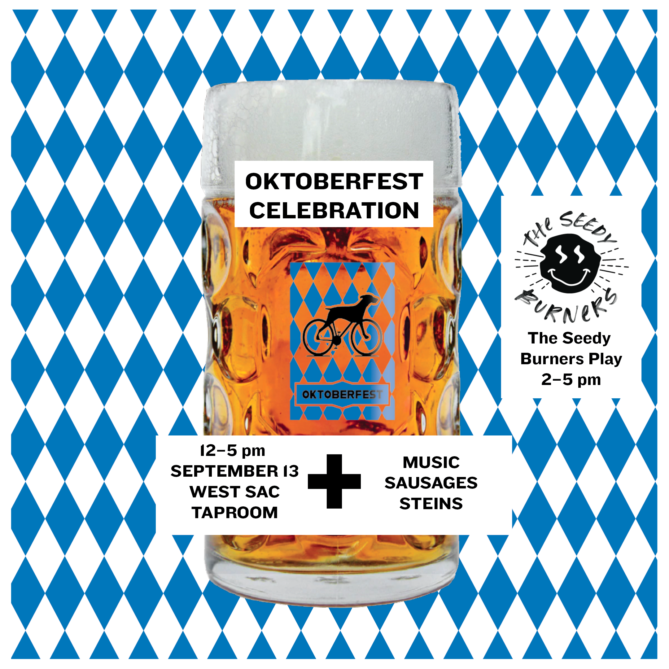 A promotional poster for Oktoberfest celebration features a large beer mug with foam on top, set against a blue and white diamond pattern background. The poster includes details of the event, such as date, time, location, and activities, with a promi