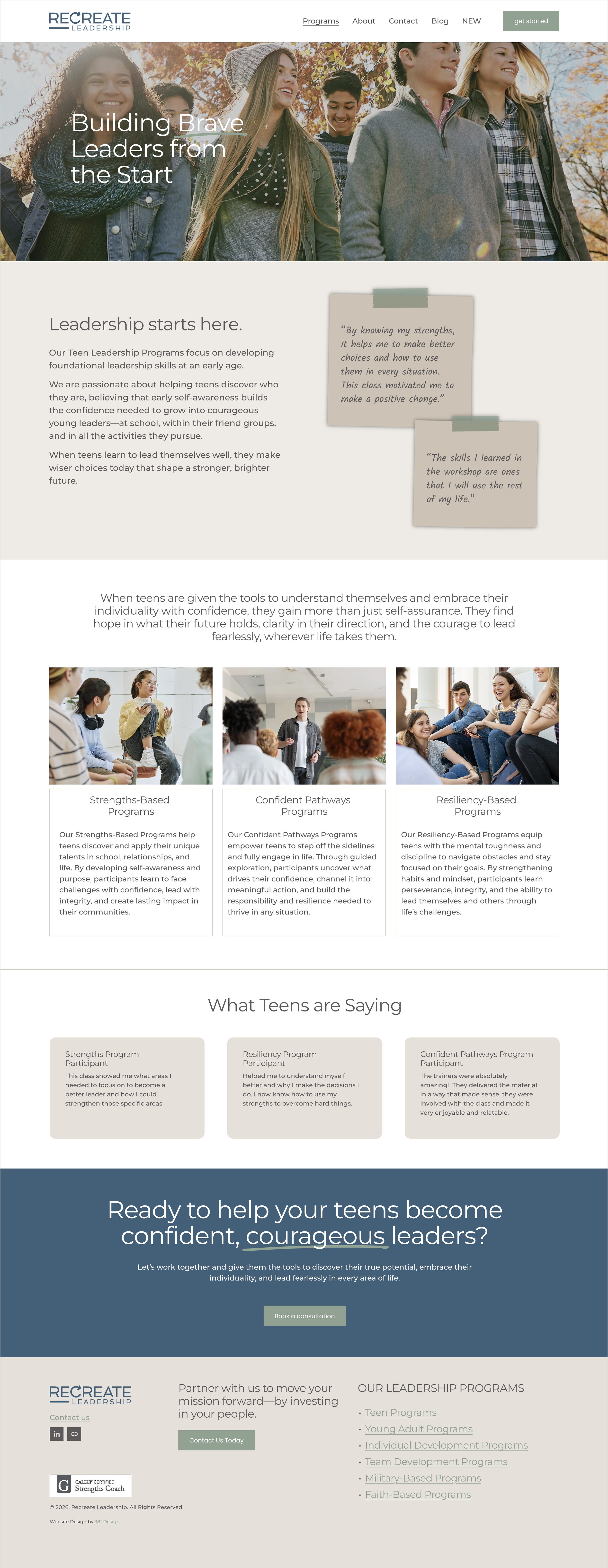 Recreate Leadership Teen Programs Web Design