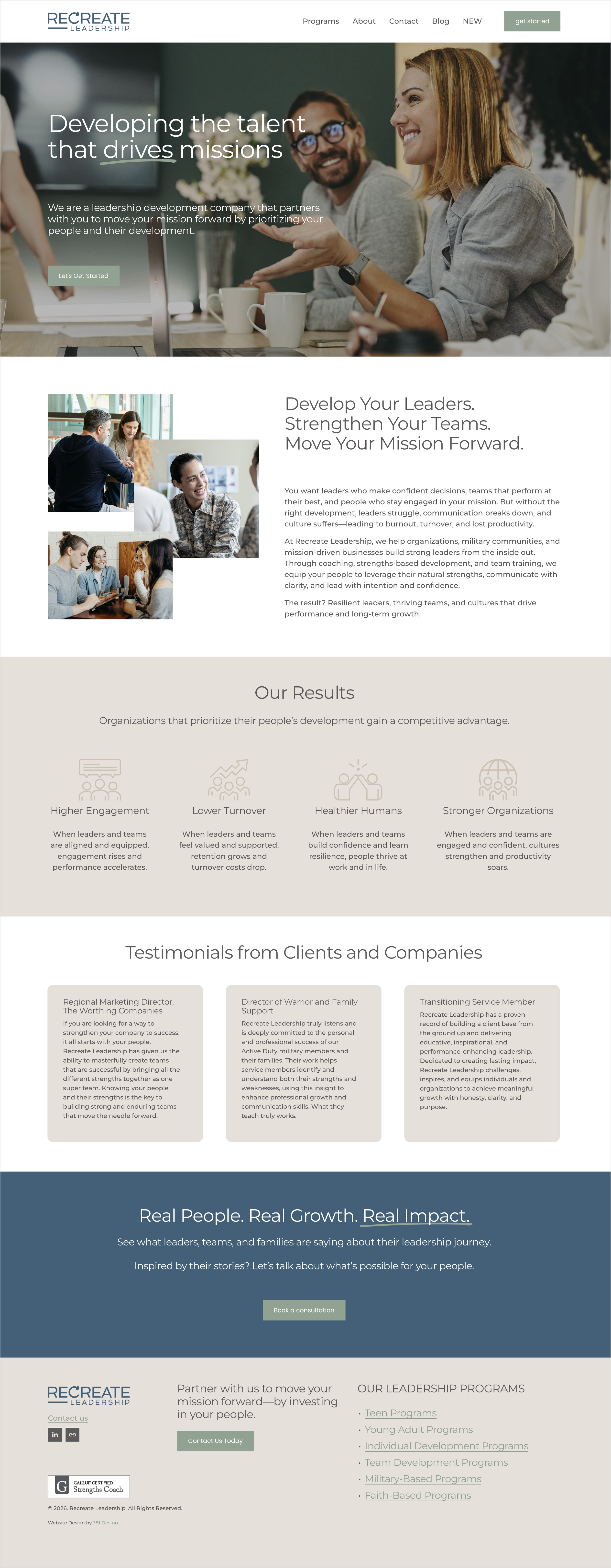 Recreate Leadership Home Page Web Design