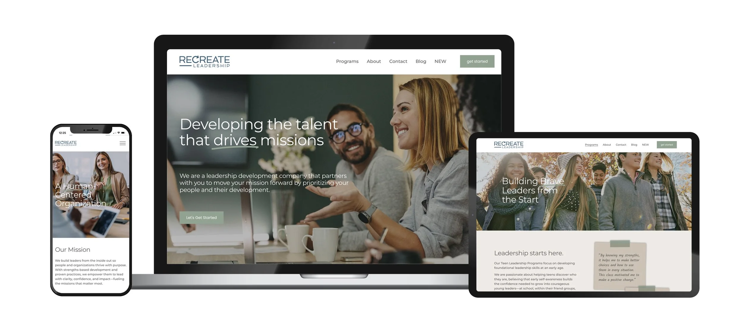 Recreate Leadership Web Design shown on laptop, tablet, and phone view