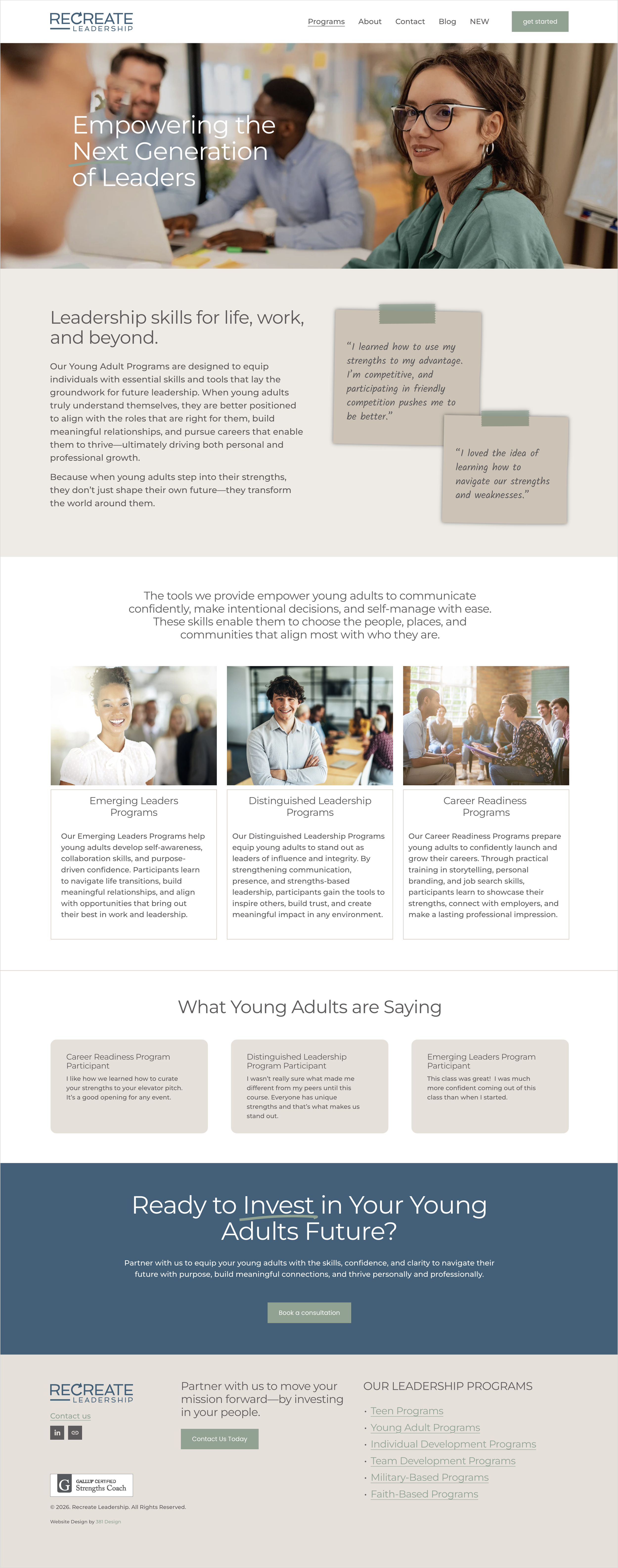 Recreate Leadership Young Adult Programs Web Design