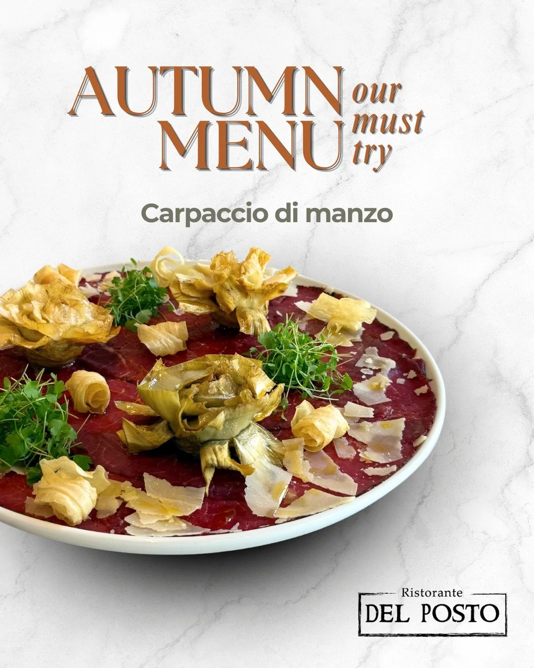 Carpaccio di Manzo 🍂🥩
Thinly sliced beef, artichokes, Parmigiano shavings, and crisp seasonal garnishes — a timeless Italian classic, reimagined with autumn’s finest touch.
✨ Elegant, fresh, and bursting with flavour, this dish is a t