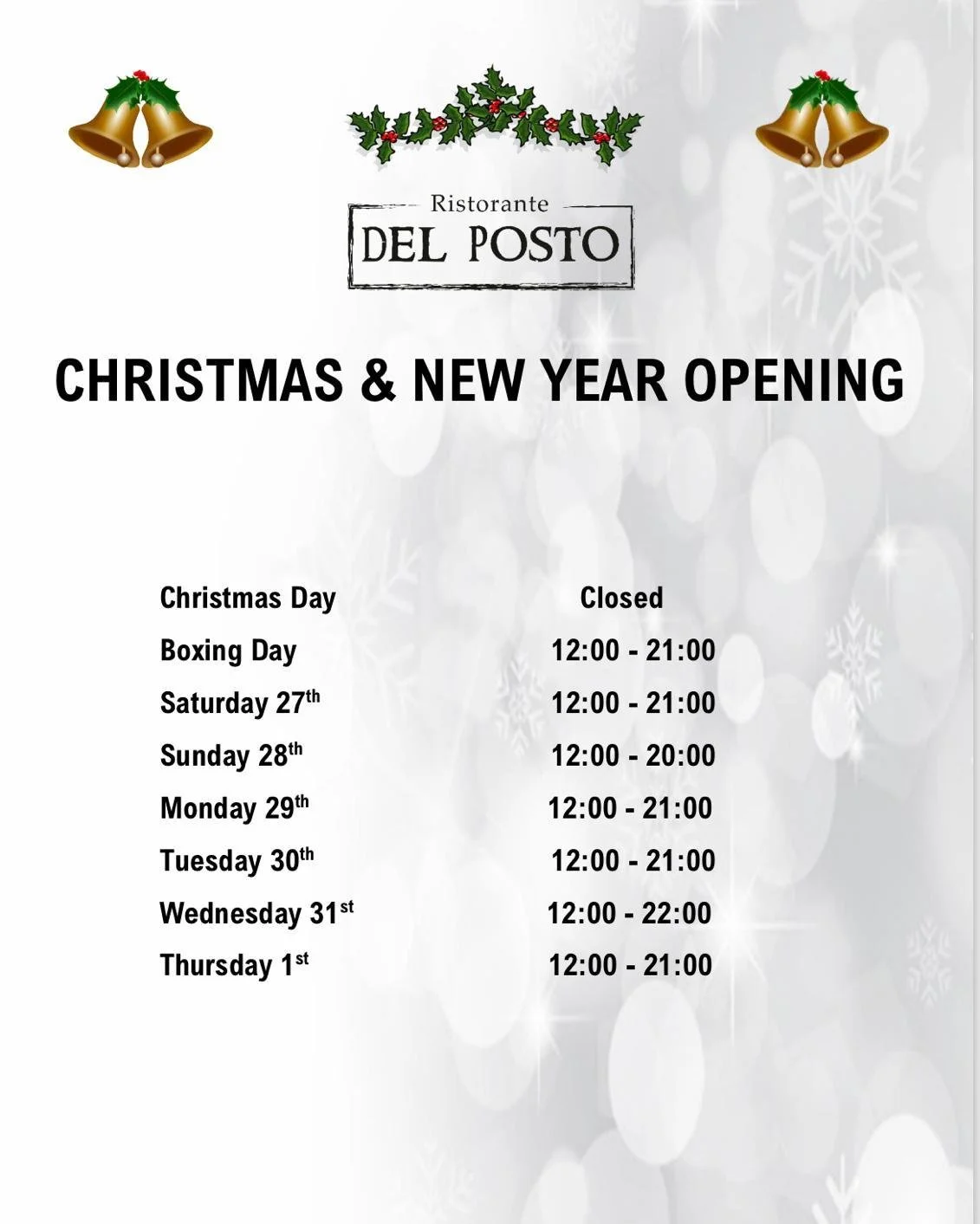 🎄✨ Christmas &amp; New Year at Ristorante Del Posto ✨🎄

Celebrate the festive season with authentic Italian flavours and a warm, welcoming atmosphere.
We&rsquo;ll be open throughout the holidays so you can enjoy relaxed lunches, special dinners and