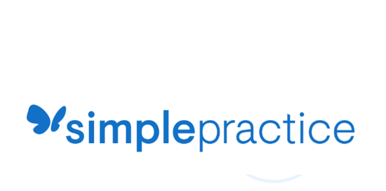 SimplePractice logo with blue and gray text and an abstract logo symbol.