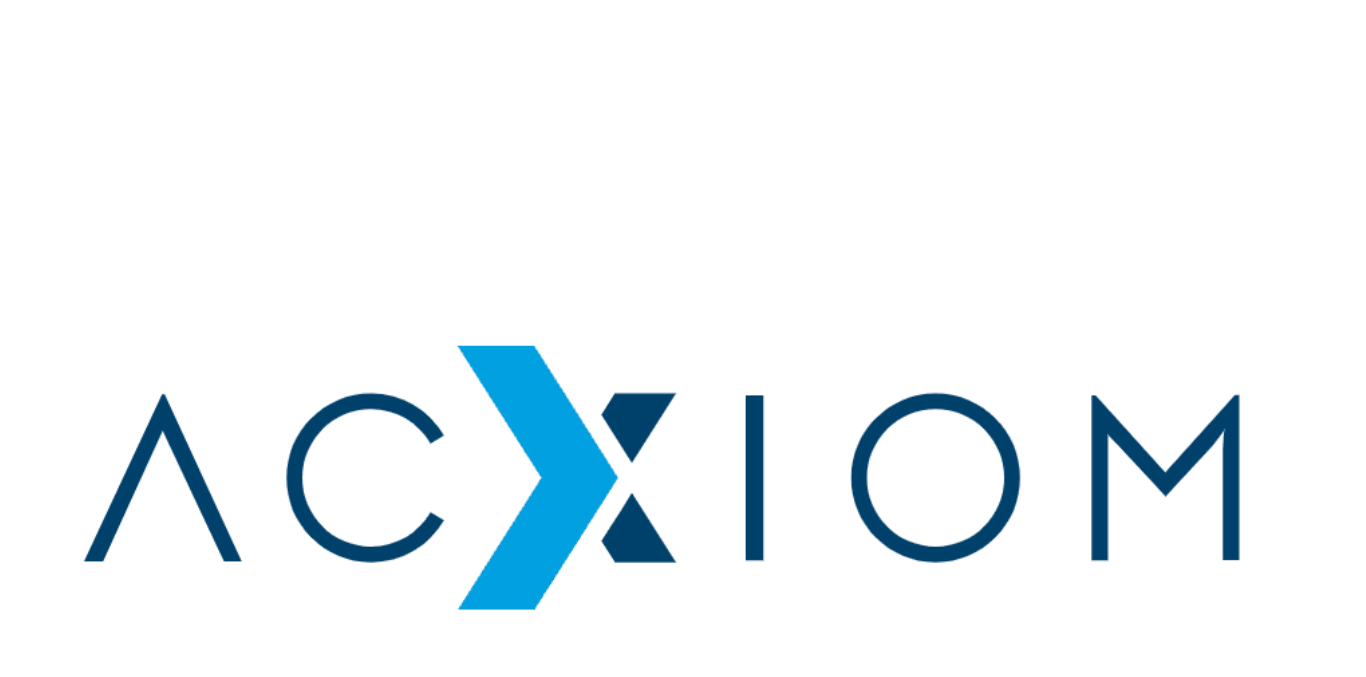Alogo of ACXIOM featuring the company name with stylized blue and dark blue geometric shapes.