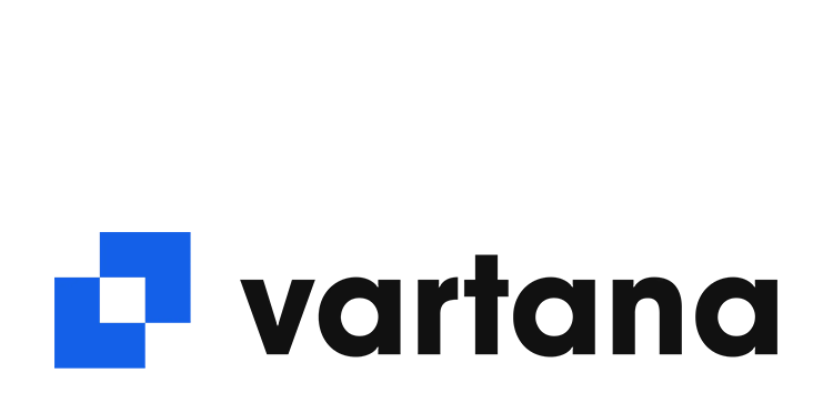 Vartana logo with a blue geometric icon and black text.