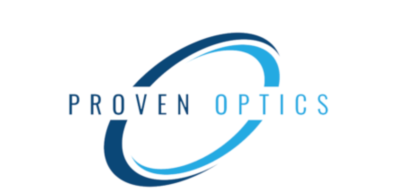 Proven Optics logo with stylized blue and dark blue swooshes encircling the name.
