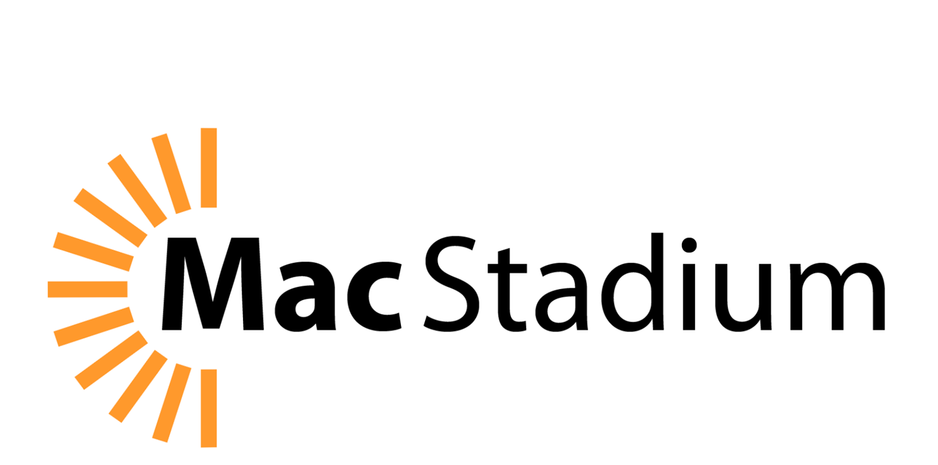 MacStadium logo with black text and orange circular design element