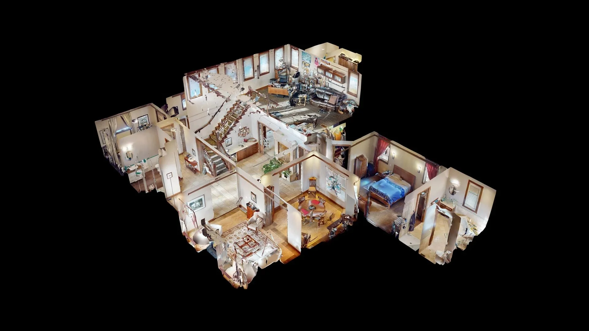 3D dollhouse view of a multi-level house interior, showing various rooms including a living room, bedrooms, bathrooms, and a staircase, with furniture and decor visible, isolated against a black background.