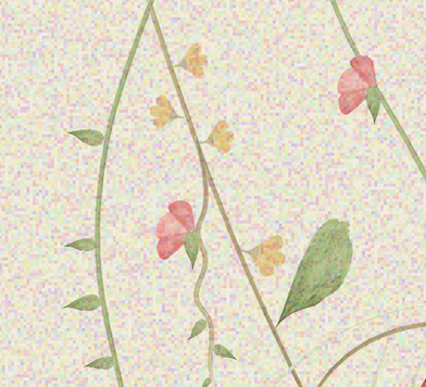 Close-up of pink flowers and green leaves on thin, winding stems against a multicolored background.