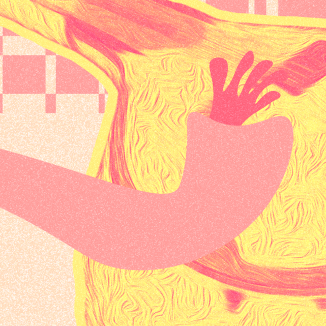 Illustration of a hand reaching to strum a sitar, with a pink and yellow color scheme.