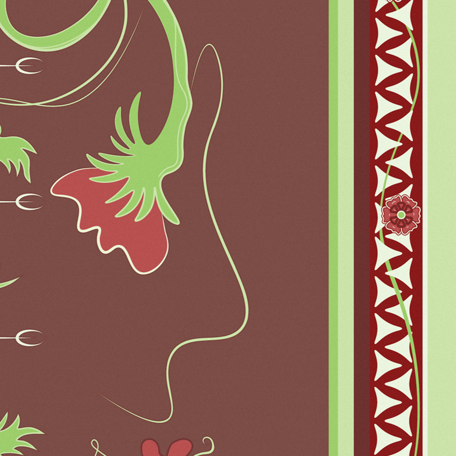 Stylized abstract woman’s side profile with floral and decorative patterns in red, green, and cream colors.