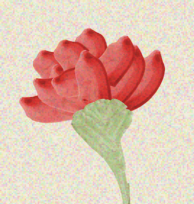 A stylized illustration of a pink and red flower with a green stem and leaf.