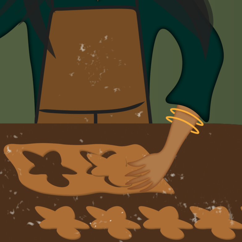 Illustration of a woman baking cookies at a wooden table with fresh baked cookies, a cookie cutter, and a gingerbread man. The background shows a window with a night sky, crescent moon, and stars. The top banner reads "The Fairy Who Cried Gems."