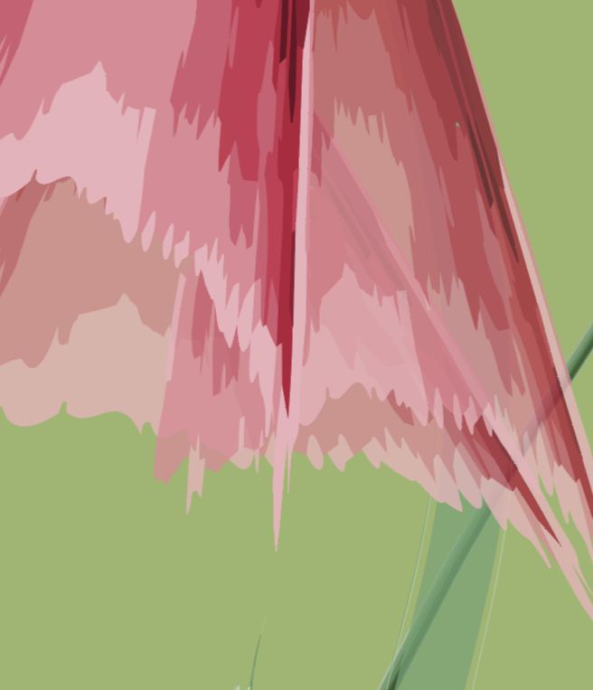 Close-up of a pink and red flower with green leaves on a light green background.