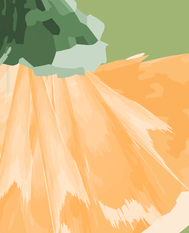 A close-up illustration of a mushroom with an orange cap and green leaves in the background.