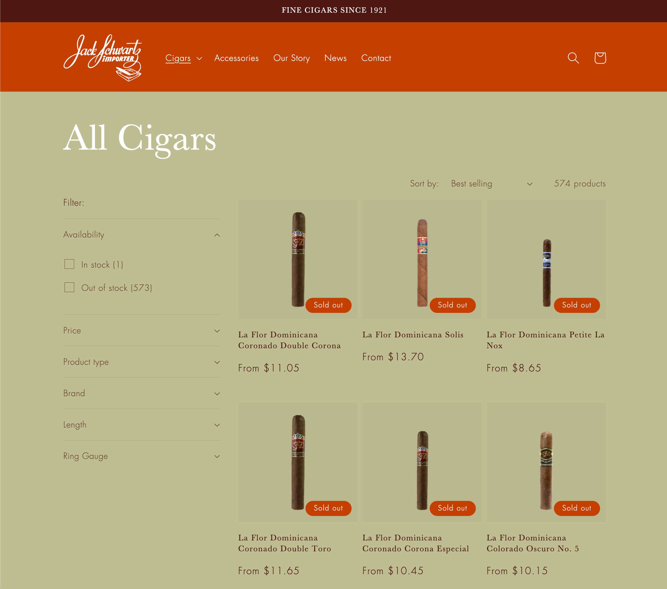 Screenshot of a website selling cigars, with a header that says 'Fine Cigars Since 1921' and a logo that says 'Jack Schwartz Importer.' The page displays various cigar products with images, prices, and labels indicating whether they are sold out. The
